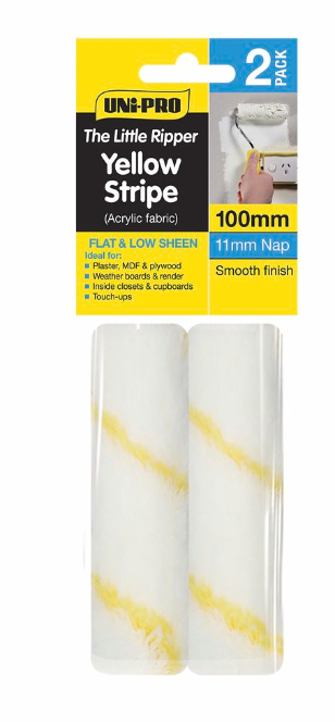 UNi-PRO 100mm 11mm Nap Little Ripper Acrylic Yellow Stripe Mini Roller Covers - 2 Pack
