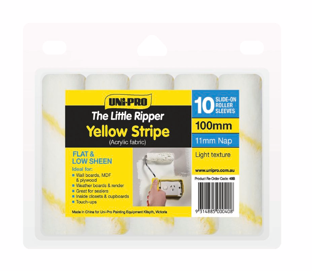 UNi-PRO 100mm Little Ripper Yellow Stripe Acrylic Roller Cover Refills 10 Pack 11mm Nap